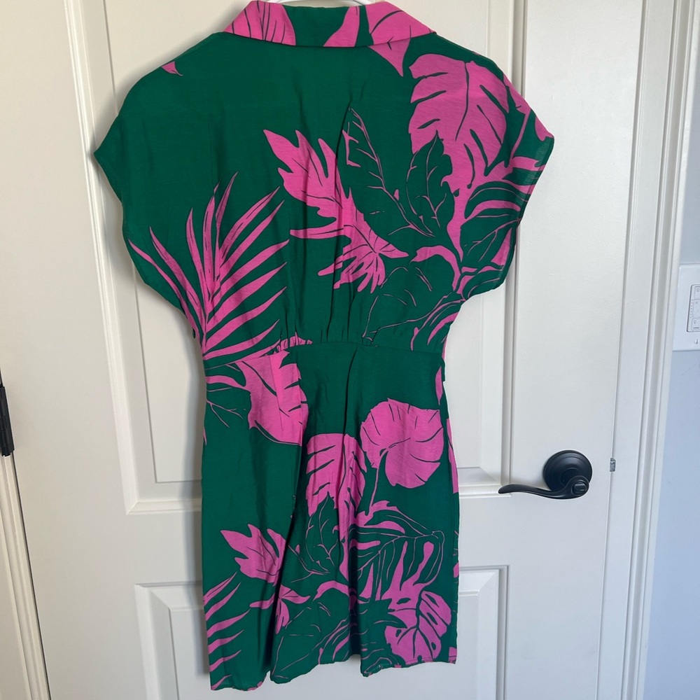 Mango Green and Pink Leaf Print Dress
